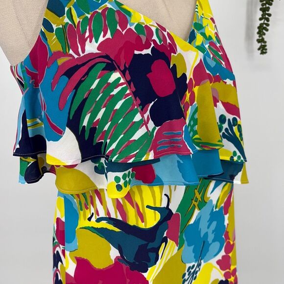 J. Crew Tropical Print Asymmetrical Bright Mini Dress Ruffles Multi 2 - Picture 5 of 13